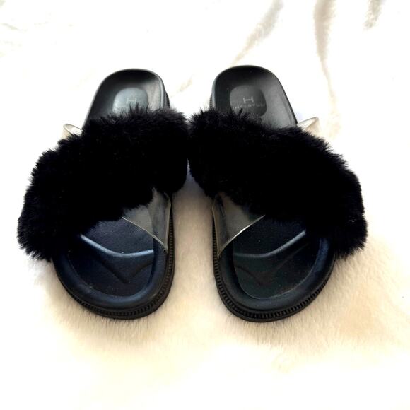 Halston Rubber Slipper Slide Sandals With Faux Fur and Clear Bands Women's 8 - Picture 1 of 8
